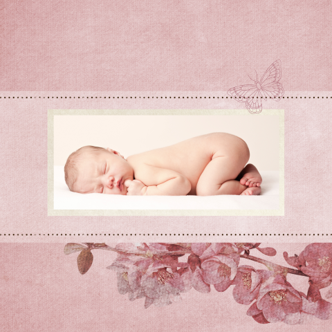 geboortekaartje met foto bloemen en vlinder roze waterverf