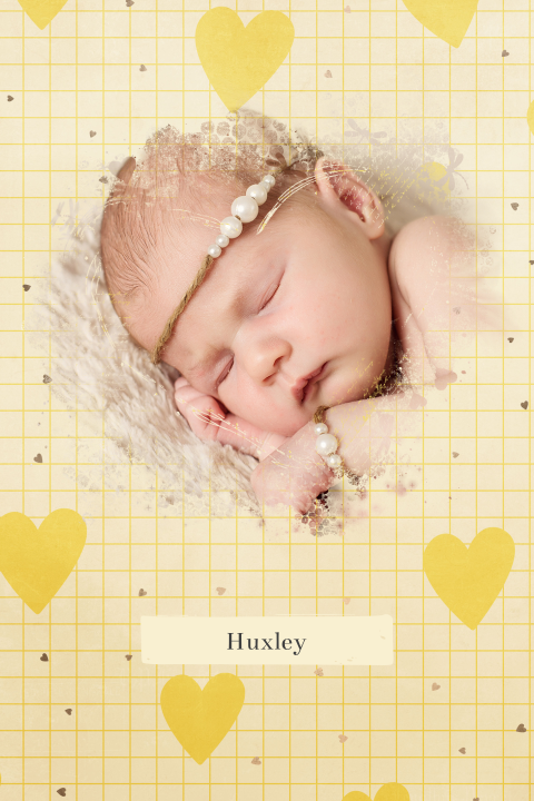 geboortekaartje met foto gele hartjes en ruitjes