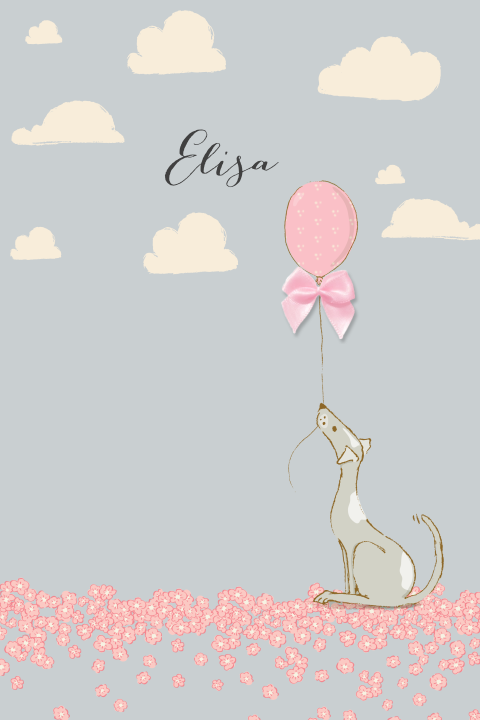 lief geboortekaartje met hondje met roze ballon en bloemetjes