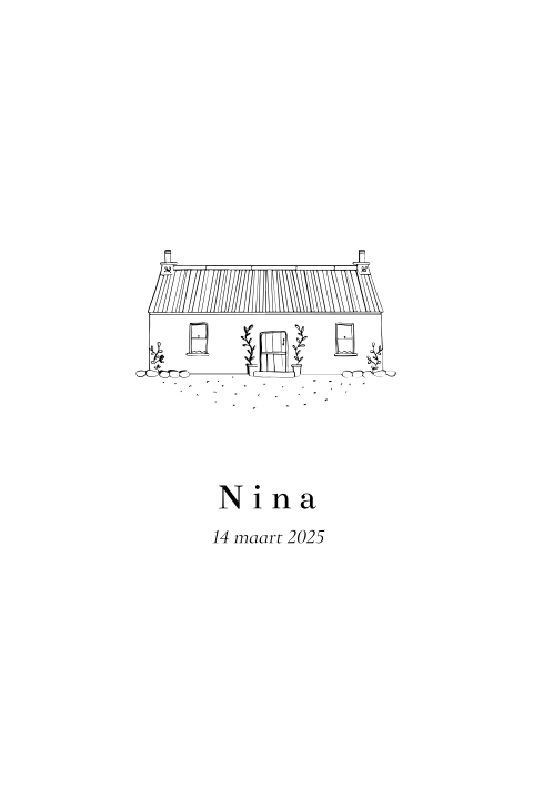 lief geboortekaartje illustratie huisje in zwart-wit met ronde hoeken