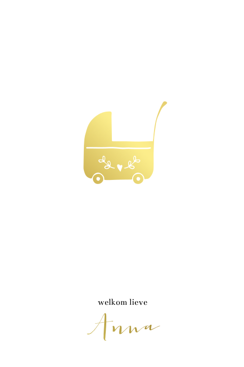 lief geboortekaartje met kinderwagen in goudfolie