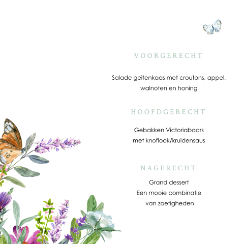 menukaart met veldbloemen en vlinders