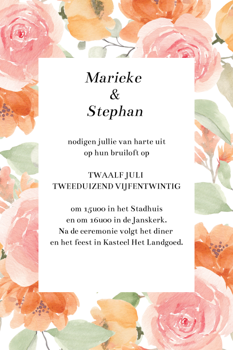 romantische trouwkaart bloemen roze en oranje waterverf