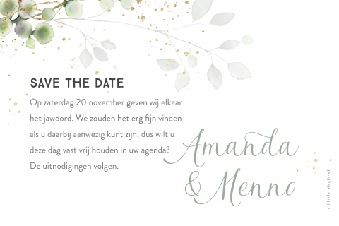 save the date bruiloft met waterverf takjes en goudkleurige spetters