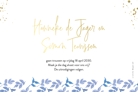 Save The Date Kaart Met Blauwe Bloemen En Goudkleurige Spetters