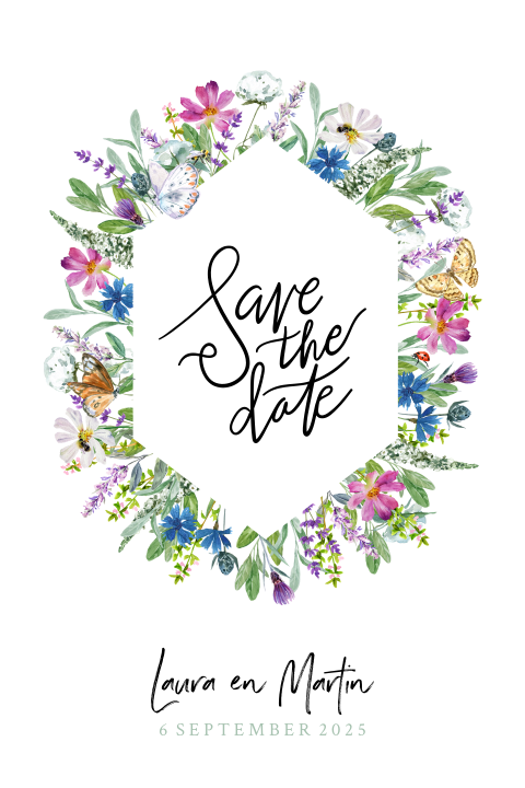 save the date kaart met veldbloemen en vlinders