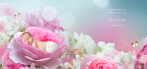 sprookjesgeboortekaart met baby in roze bloemen