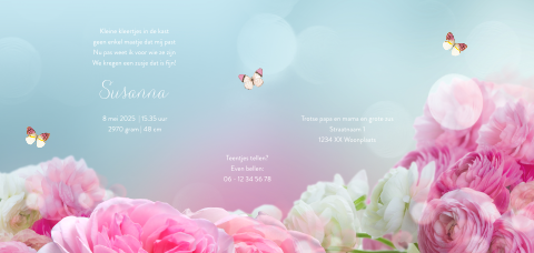 sprookjesgeboortekaart met baby in roze bloemen