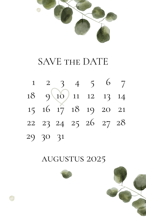 stijlvolle save the date met eucalyptus en kalender