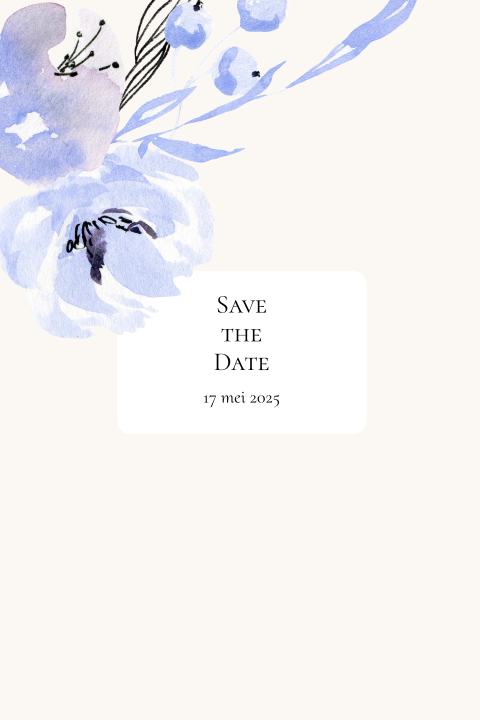 stijlvolle save the date met blauw paarse bloemen waterverf