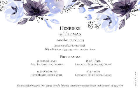 stijlvolle trouwkaart met blauw paarse bloemen waterverf