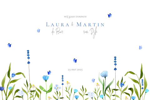 trouwkaart blauwe bloemen en vlindertjes waterverf