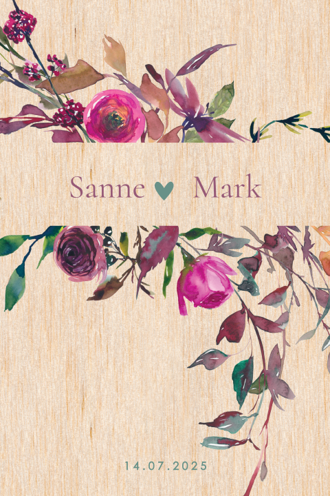 trouwkaart echt hout banner roze bloemen