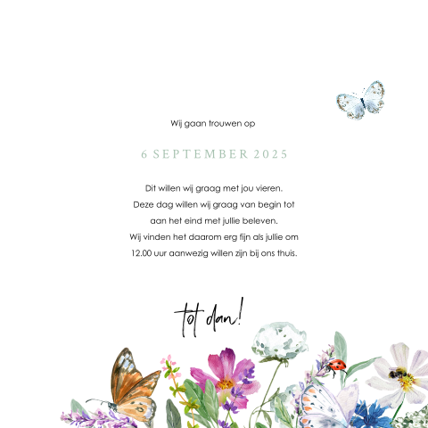 trouwkaart met kader van veldbloemen en vlinders