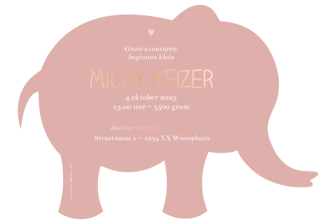 uniek geboortekaartje vorm olifant roze