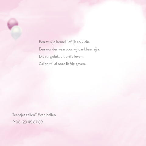 zoet sprookjesgeboortekaartje met baby in mandje en roze ballonnen