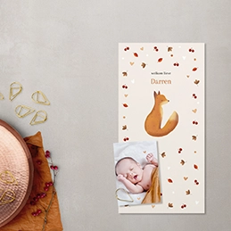 herfst geboortekaartje met fotolabel en lief vosje
