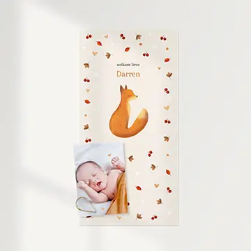 herfst geboortekaartje met fotolabel en lief vosje