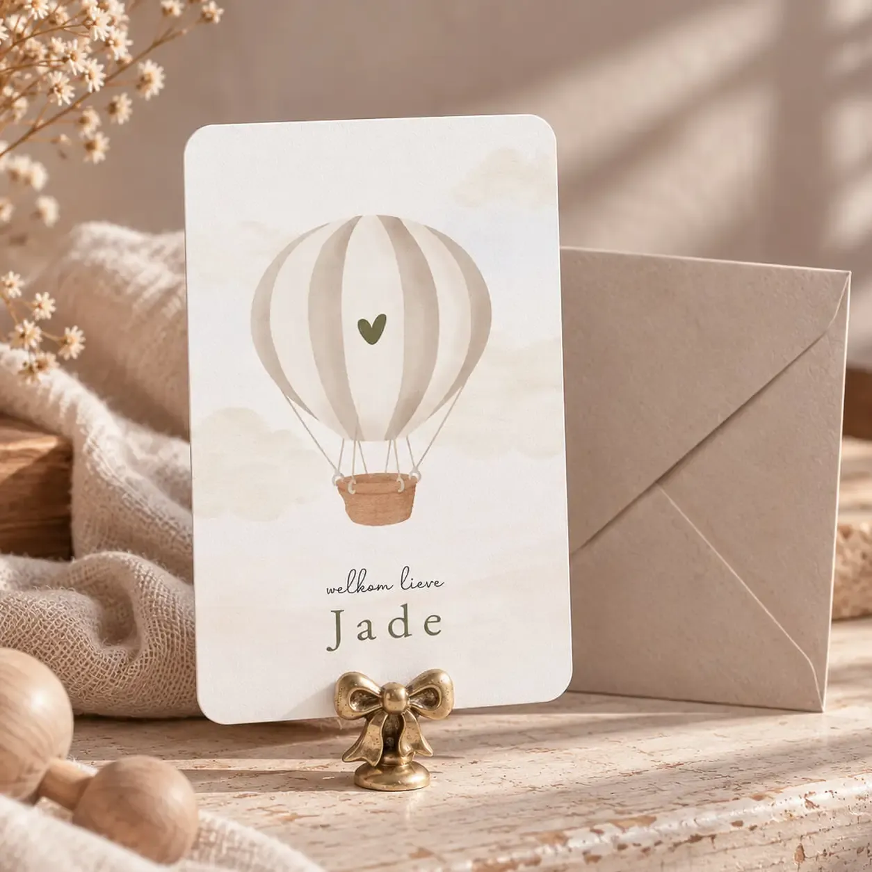 Neutraal geboortekaartje met beige luchtballon en zandkleurige envelop
